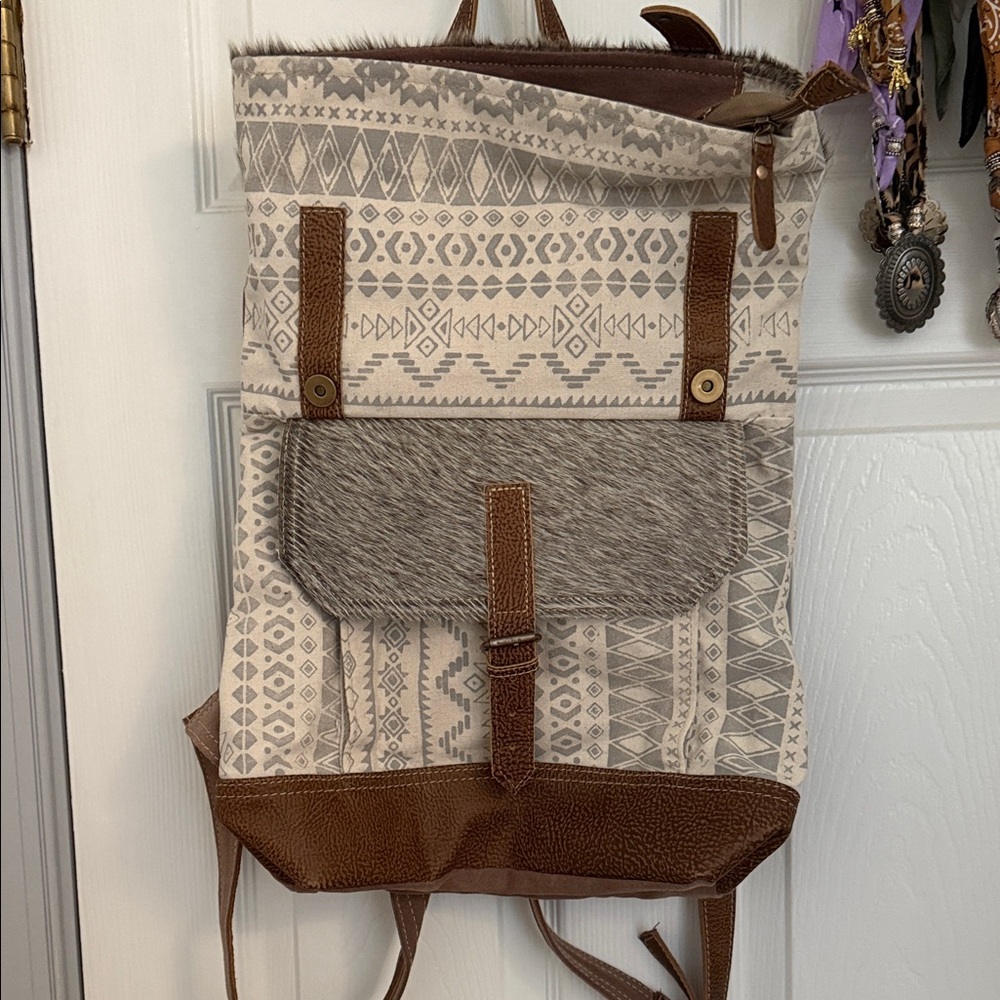 Myra Bag Tan and Gray Geometric Backpack
